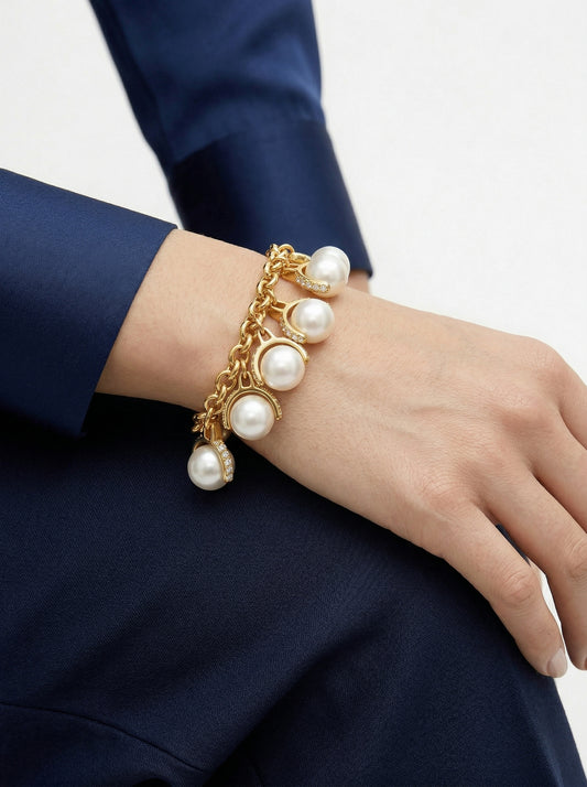 24K Gold Pearl Pendant Thick Chain Bracelet