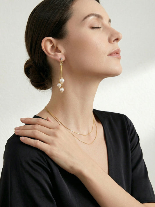 Gold Chain Pearl Tassel Pendant Earrings