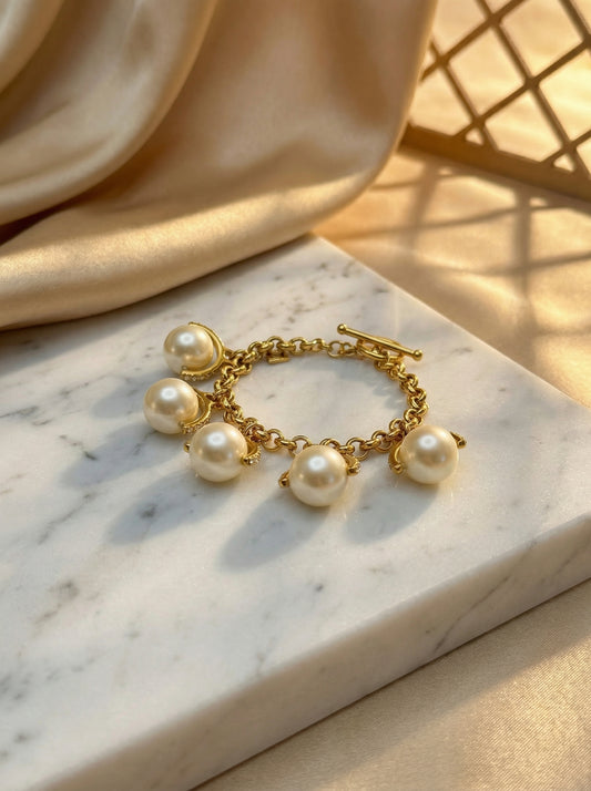 24K Gold Pearl Pendant Thick Chain Bracelet