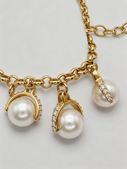 24K Gold Pearl Pendant Thick Chain Bracelet