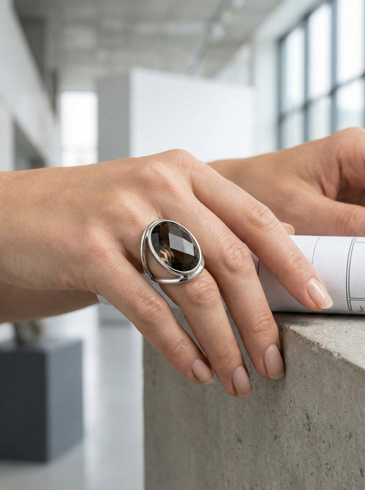 خاتم فضة استرلينغ كوارتز دخاني عتيق