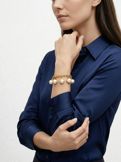 24K Gold Pearl Pendant Thick Chain Bracelet