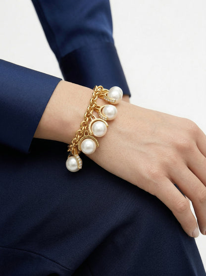 24K Gold Pearl Pendant Thick Chain Bracelet