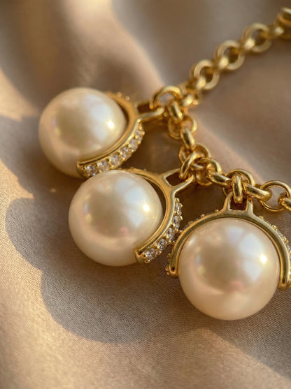 24K Gold Pearl Pendant Thick Chain Bracelet