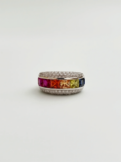 925 Silver Rainbow Zircon Wide Band Statement Ring