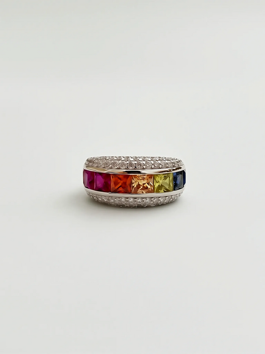 925 Silver Rainbow Zircon Wide Band Statement Ring