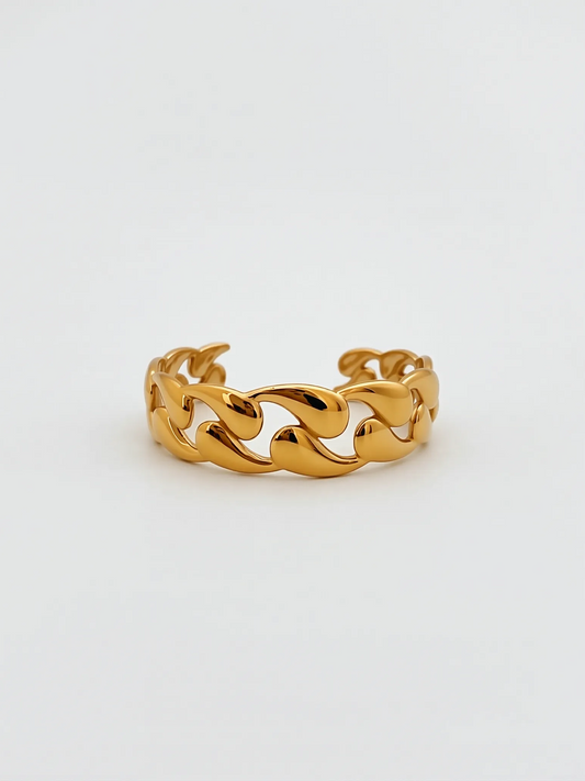 18K Gold Textured Cuban Link Open Cuff Bracelet