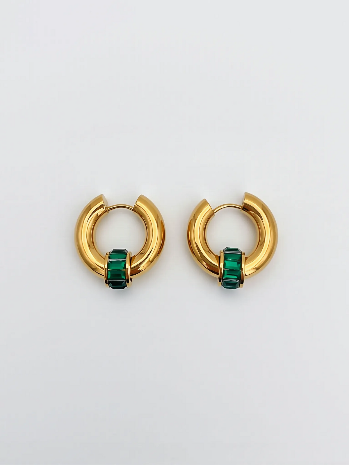 Green Baguette Huggie Hoops