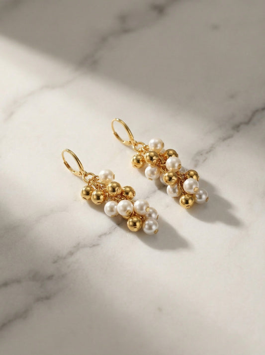 Golden Bean Pearl Cluster Tassel Earrings