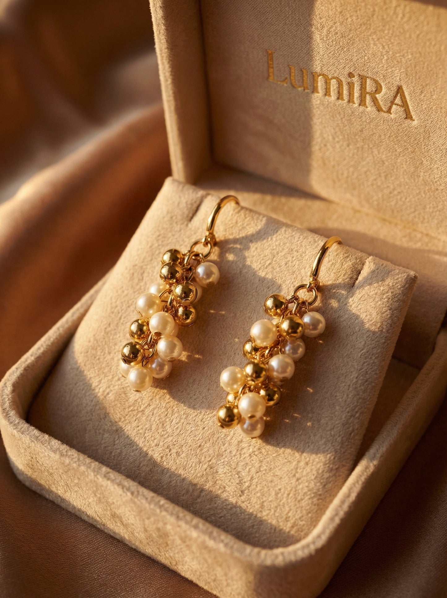 أقراط ذهبية من حبات اللؤلؤ المتكتلة مع شرايط