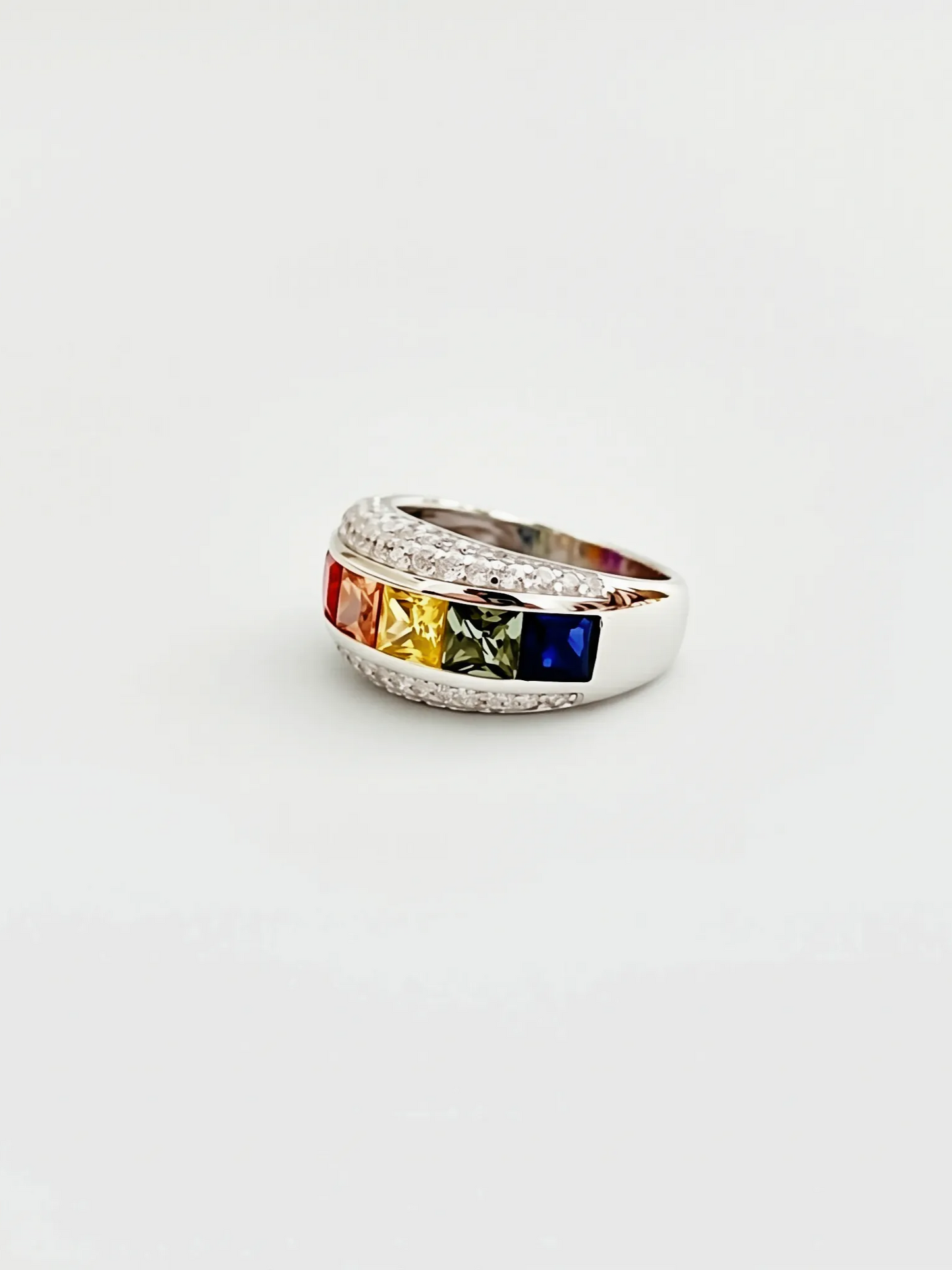 925 Silver Rainbow Zircon Wide Band Statement Ring