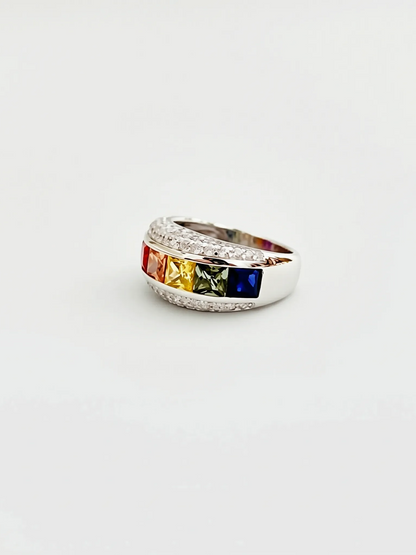 925 Silver Rainbow Zircon Wide Band Statement Ring