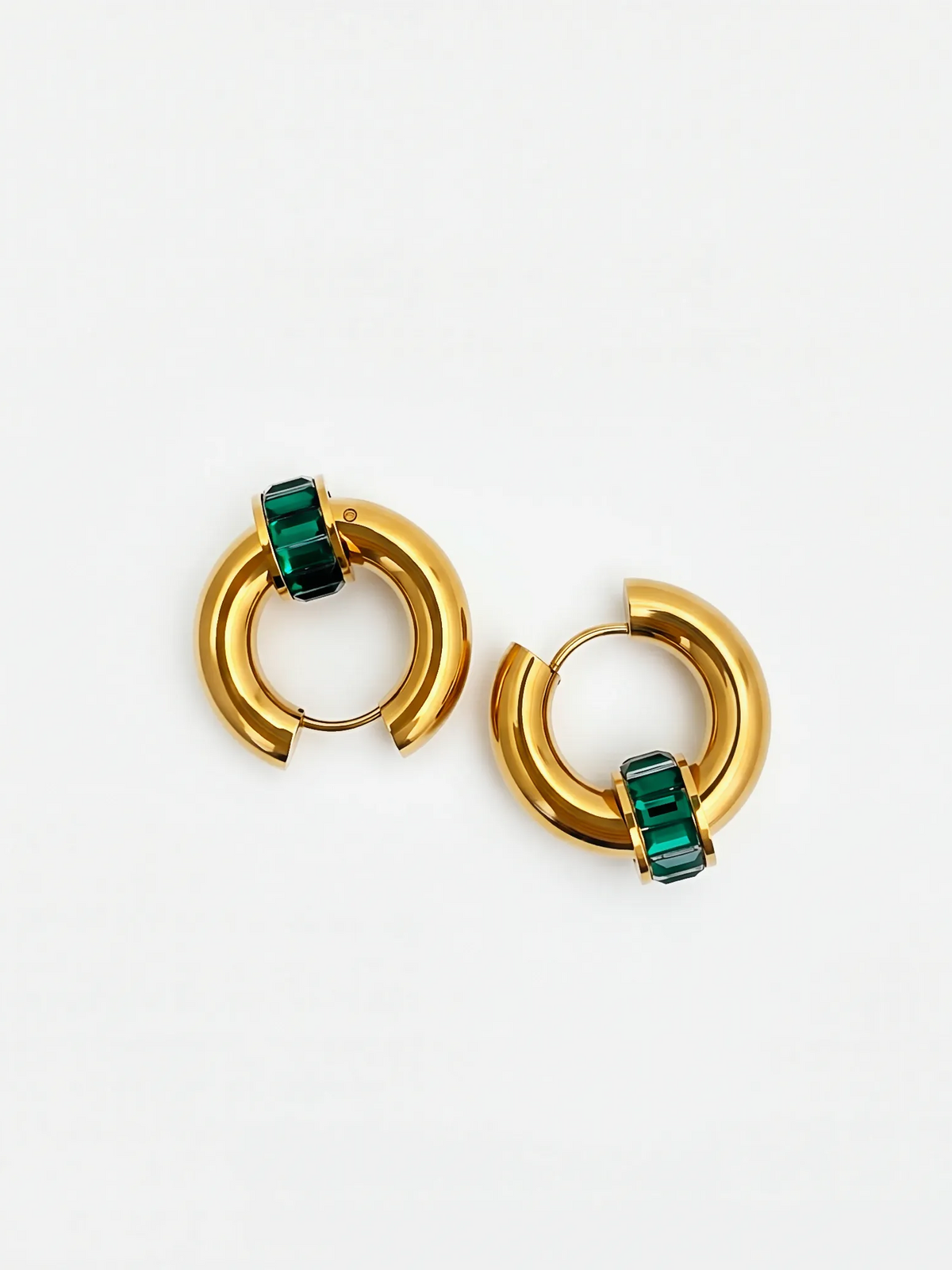 Green Baguette Huggie Hoops