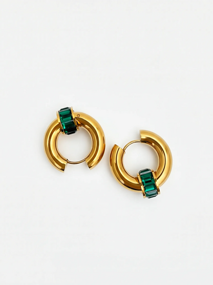 Green Baguette Huggie Hoops