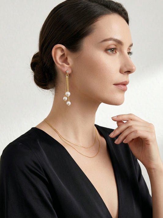 Gold Chain Pearl Tassel Pendant Earrings