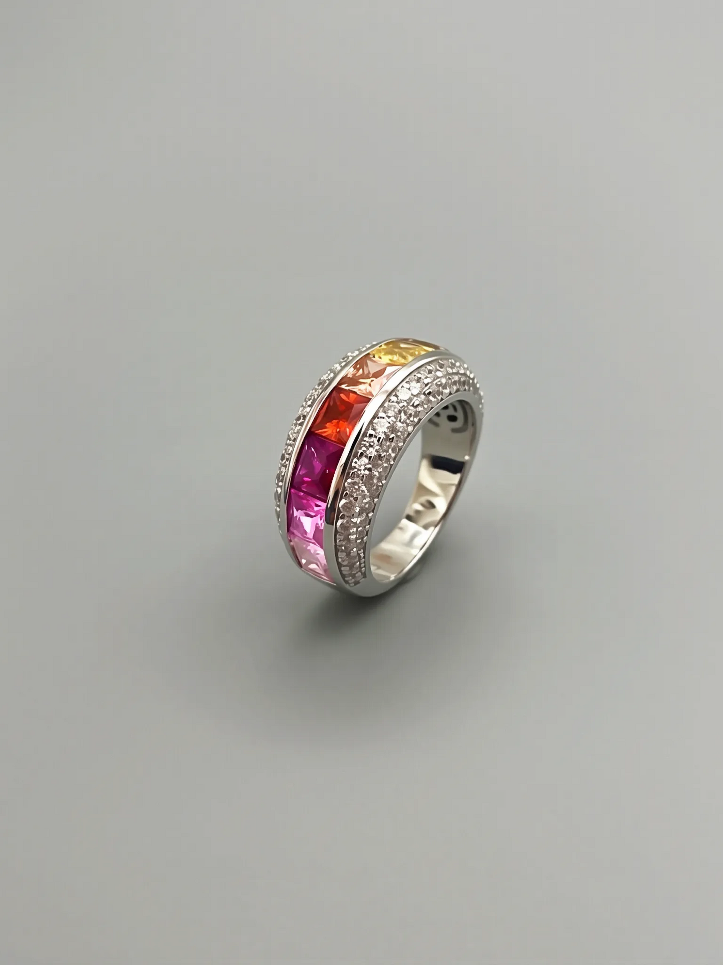 925 Silver Rainbow Zircon Wide Band Statement Ring