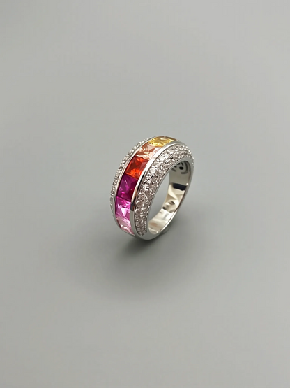 925 Silver Rainbow Zircon Wide Band Statement Ring