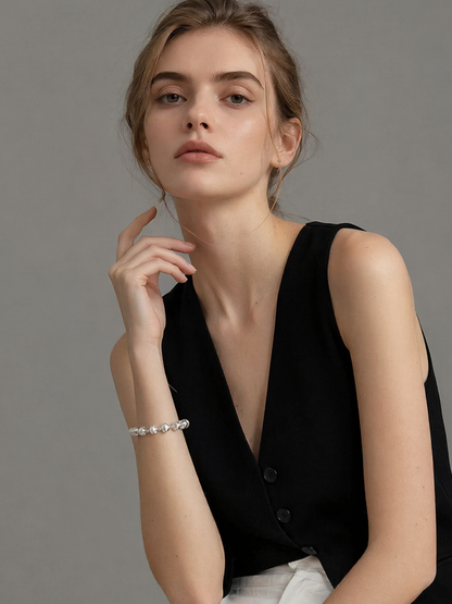 Minimalist Brushed Sterling Silver OT Clasp Beaded Bracelet