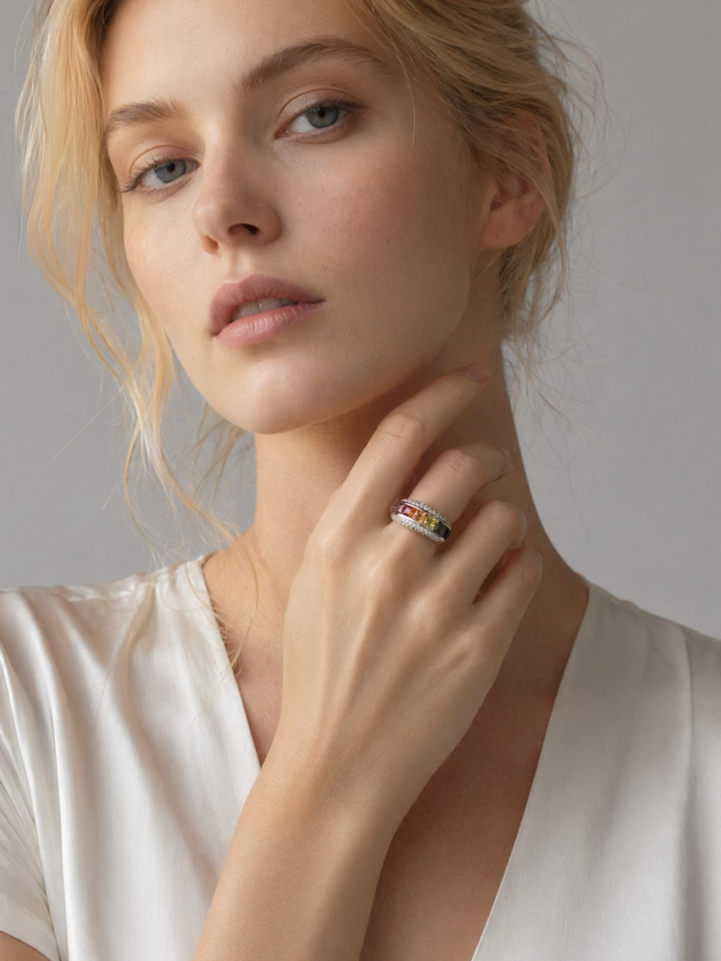 925 Silver Rainbow Zircon Wide Band Statement Ring