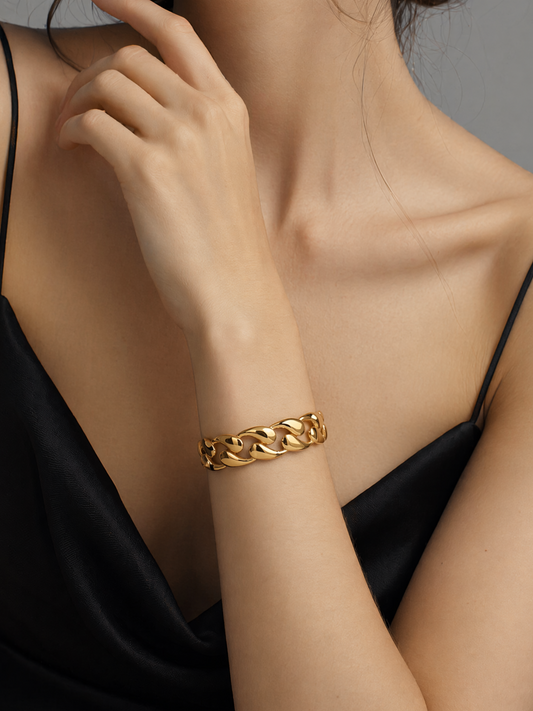 18K Gold Textured Cuban Link Open Cuff Bracelet