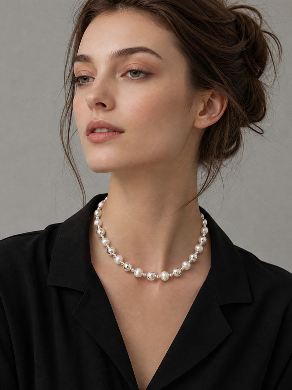 Collier à perles mixte poli et brossé en argent sterling 925