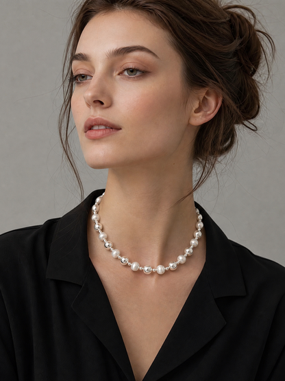 Collier à perles mixte poli et brossé en argent sterling 925