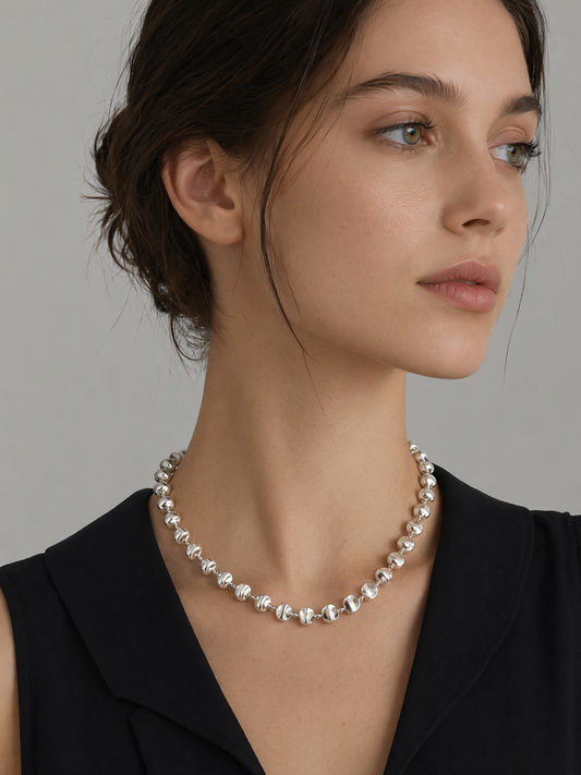 925 Sterling Silver Uneven Surface Round Bead Toggle Necklace