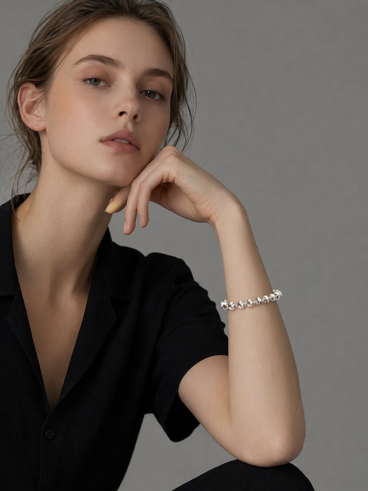 Minimalist Brushed Sterling Silver OT Clasp Beaded Bracelet