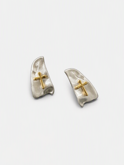 Two-Tone Sculptural Cross Studs