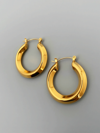French Vintage 18K Gold Minimalist Thick Hoop Earrings