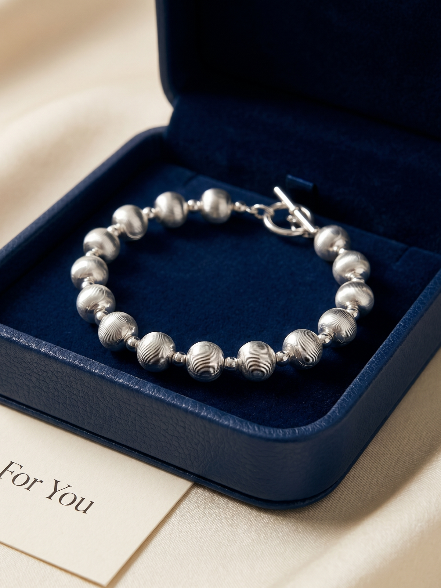 Minimalist Brushed Sterling Silver OT Clasp Beaded Bracelet