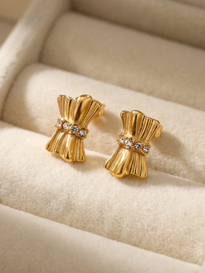 French Vintage Gathered Silk Texture Zircon Stud Earrings