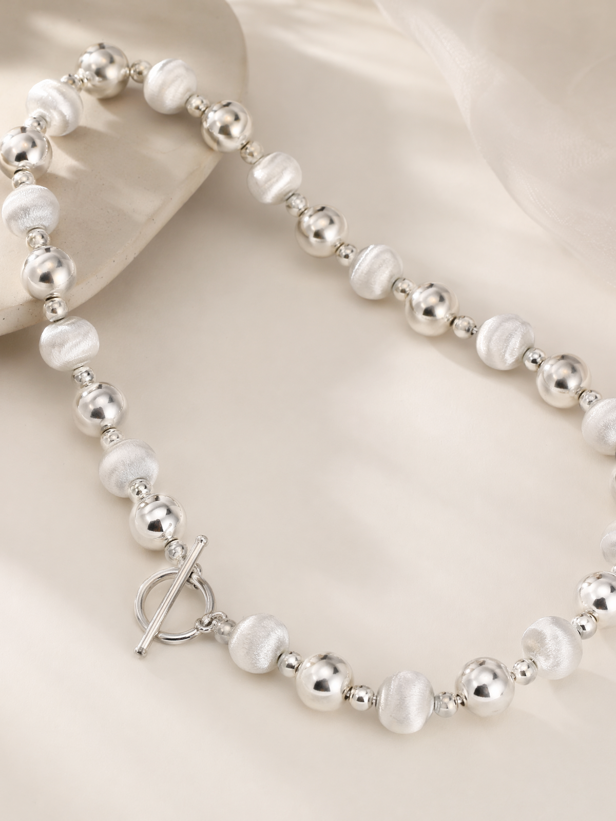 Collier à perles mixte poli et brossé en argent sterling 925