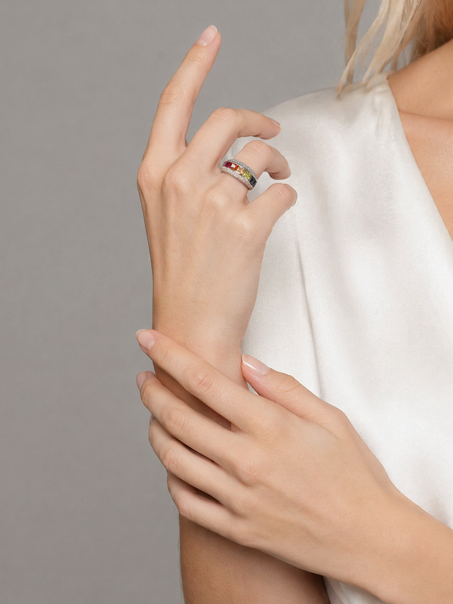 925 Silver Rainbow Zircon Wide Band Statement Ring