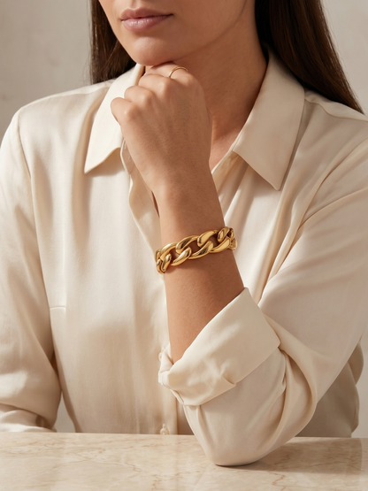 18K Gold Textured Cuban Link Open Cuff Bracelet