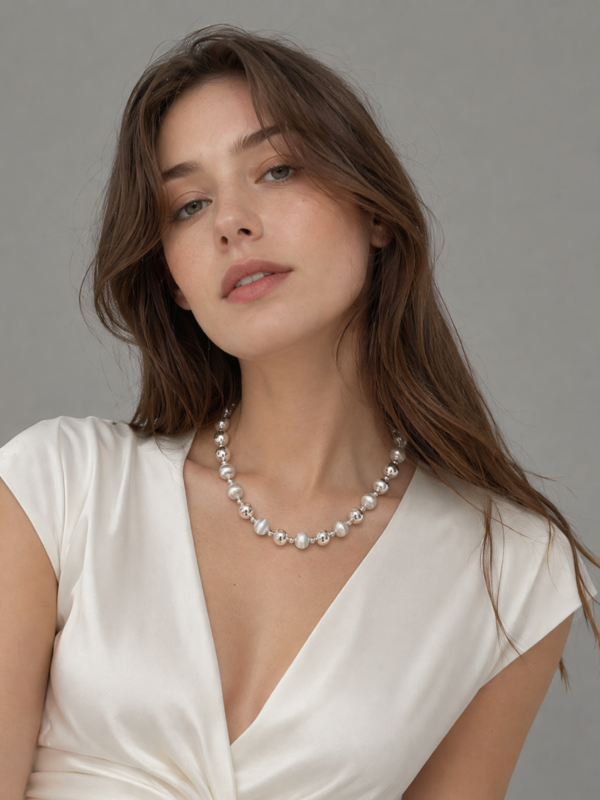 Collier à perles mixte poli et brossé en argent sterling 925
