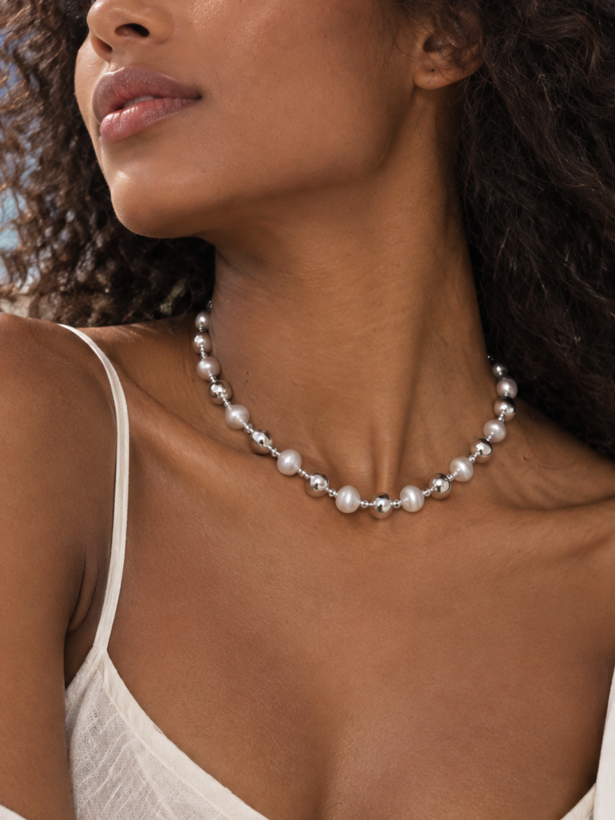Collier à perles mixte poli et brossé en argent sterling 925