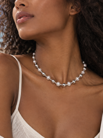 Collier à perles mixte poli et brossé en argent sterling 925