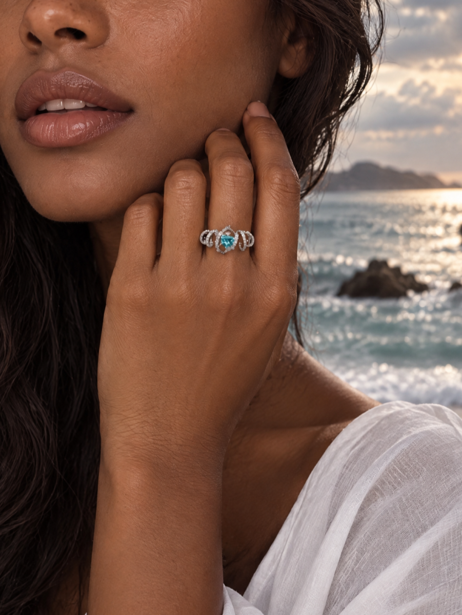 Aqua Heart Ribbon Ring