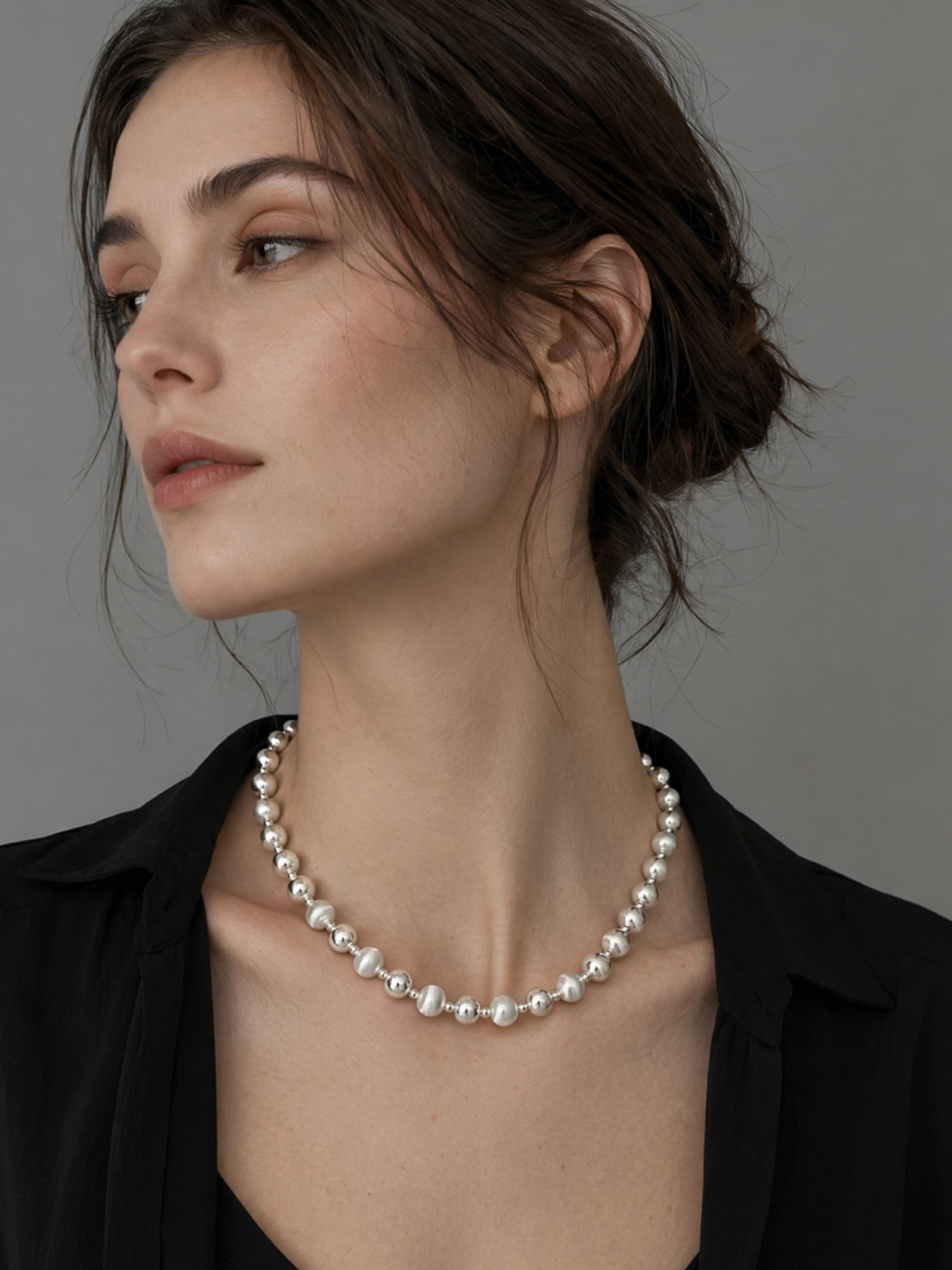 Collier à perles mixte poli et brossé en argent sterling 925