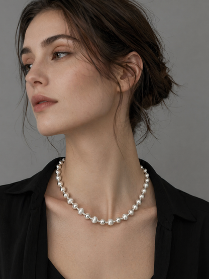 Collier à perles mixte poli et brossé en argent sterling 925