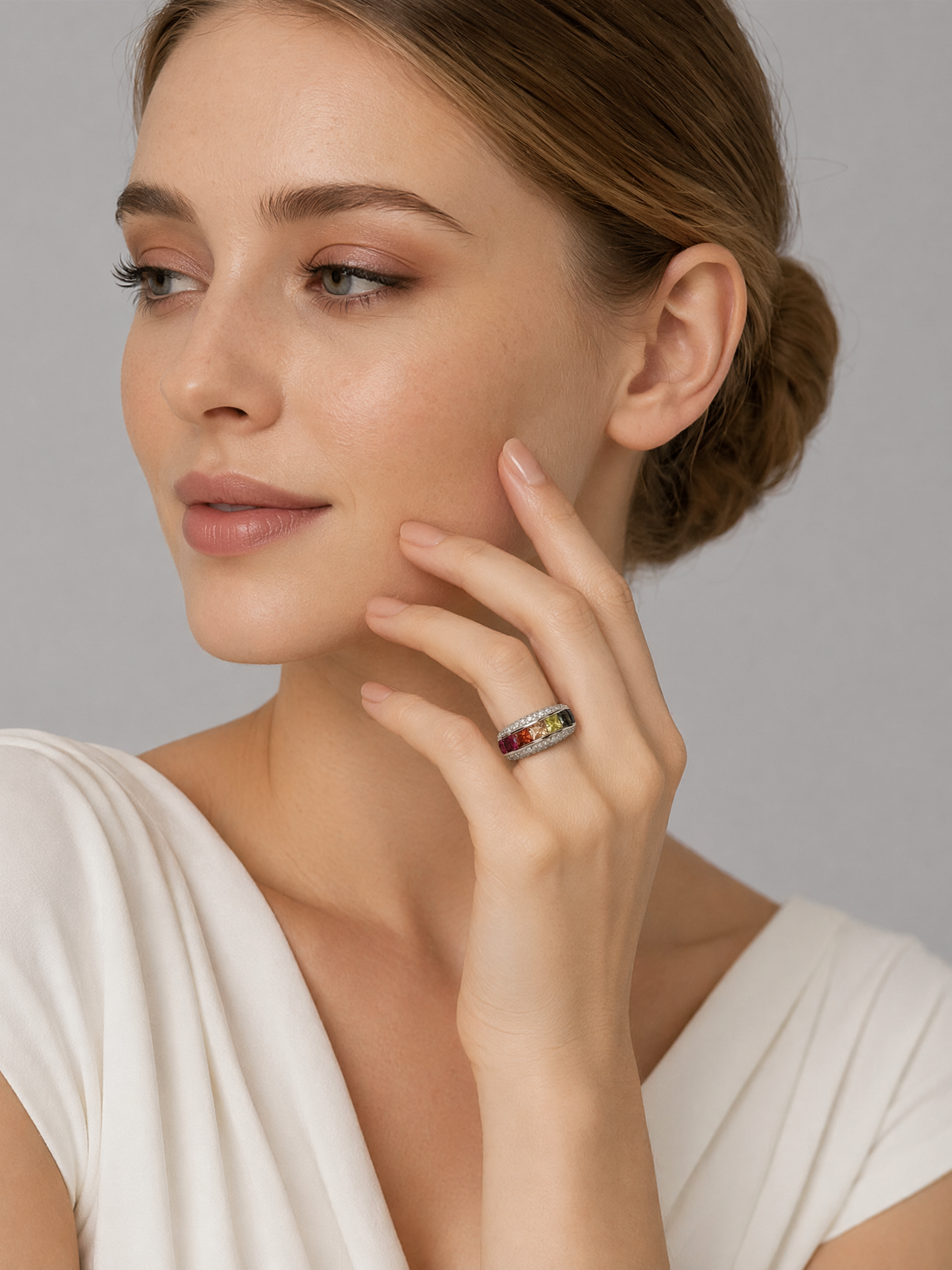 925 Silver Rainbow Zircon Wide Band Statement Ring